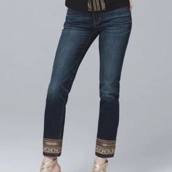 White House Black Market Denim - WHBM Straight Crop Jeans, Gold Embroidery, Size 8, Like New
